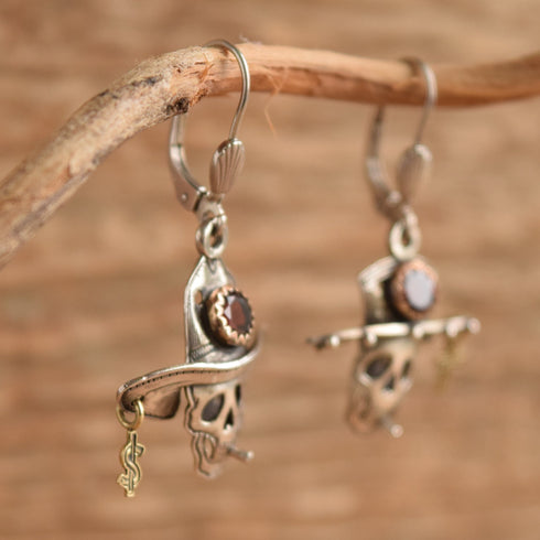 Garnet & Sterling Skull Earrings - Kit Carson