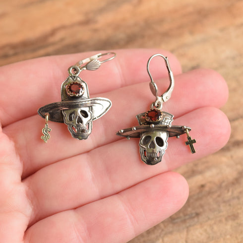 Garnet & Sterling Skull Earrings - Kit Carson