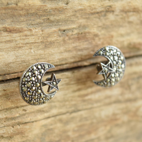 Moon and Stars Sterling Stud Earrings