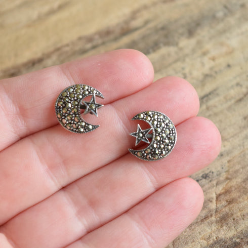 Moon and Stars Sterling Stud Earrings
