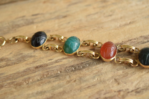 Large Gemstone Scarab Bracelet - 12 K Gold Filled
