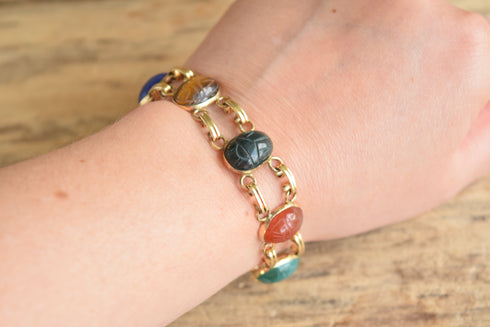 Large Gemstone Scarab Bracelet - 12 K Gold Filled