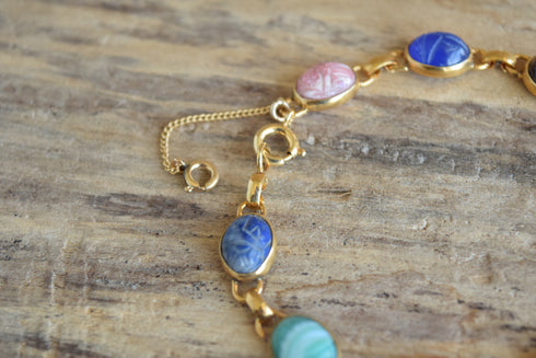 9 Link Gemstone Scarab Bracelet - 12K Gold Filled