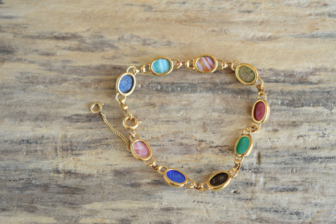 9 Link Gemstone Scarab Bracelet - 12K Gold Filled