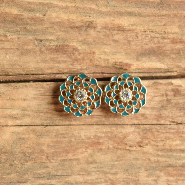 Teal Boho mandala rhinestone earrings