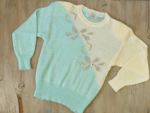 blue, silver and white 1980's sweater