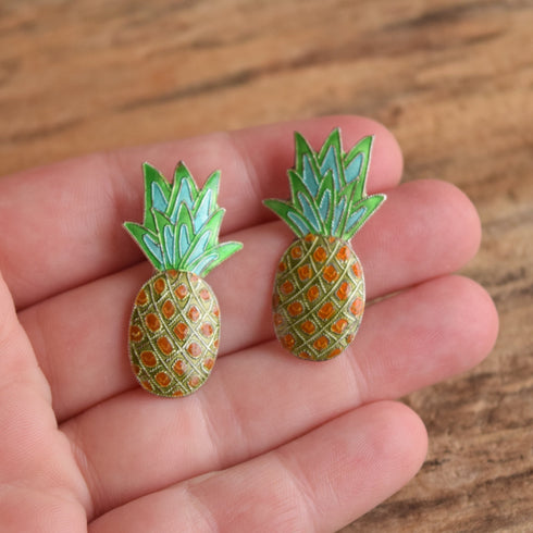 Pineapple Enamel Cloisonne Sterling Silver Earrings
