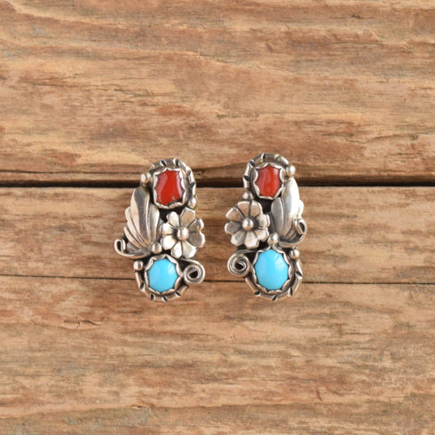 Navajo Native American Flower Turquoise and Coral Silver Earrings