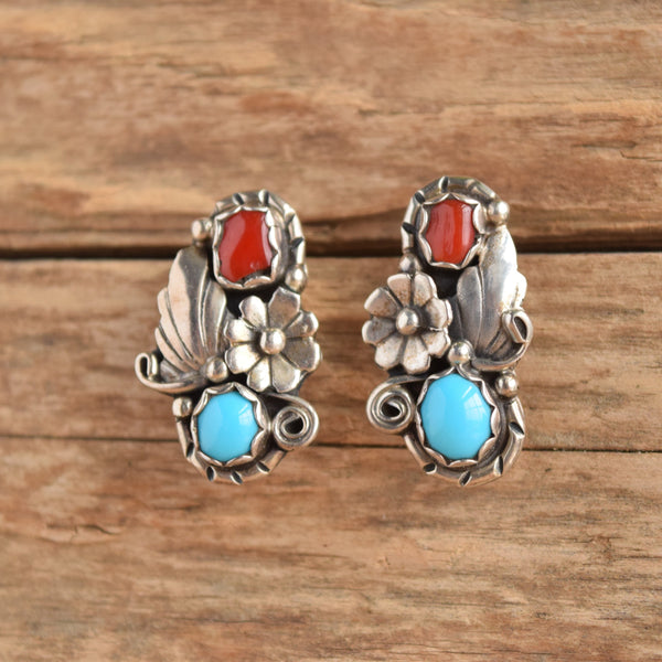 Turquoise & Coral Native American Earrings - Signed VB