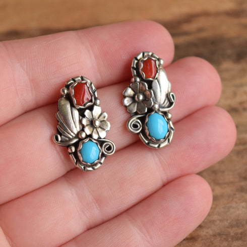 Turquoise & Coral Native American Earrings - Signed VB