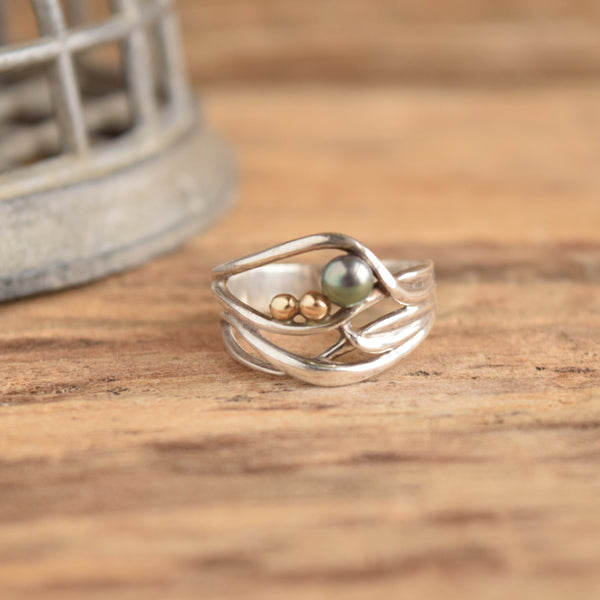 Freshwater Pearl & 14k Drops Sterling Ring - Size 8.25