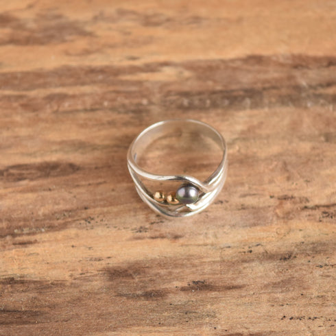 Pearl & 14k Drops Sterling Ring - Size 8.25