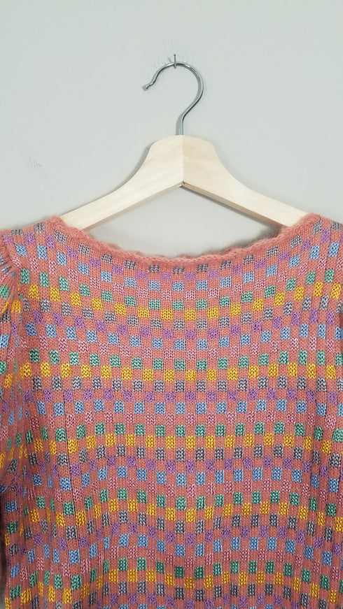 Multi Colored Checkered Puff Sleeve Sweater