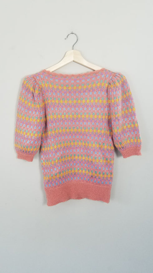 Multi Colored Checkered Puff Sleeve Sweater