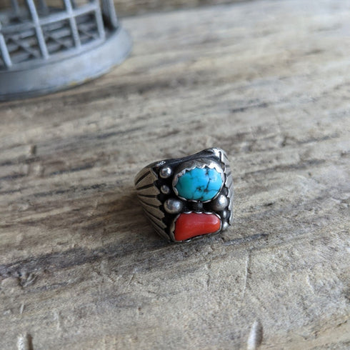 Turquoise & Coral Ring - Size 8