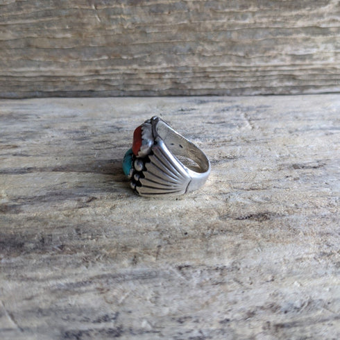 Turquoise & Coral Ring - Size 8