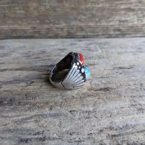 Turquoise & Coral Ring - Size 8