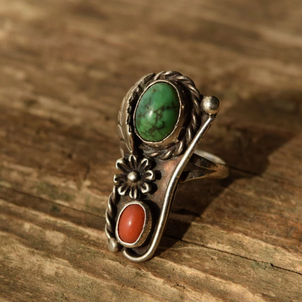 Size 7 Turquoise and Coral Native American Ring in Sterling