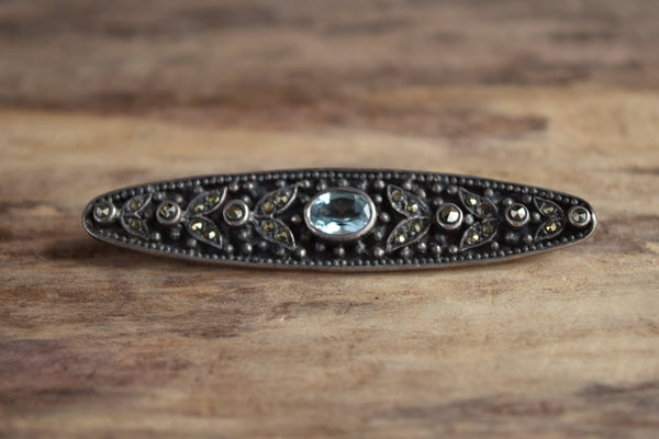 Long Marcasite Blue Brooch