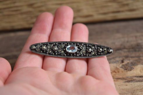 Long Marcasite Blue Brooch