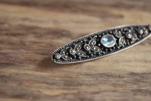 Long Marcasite Blue Brooch