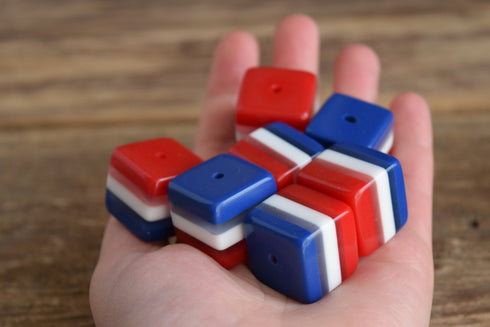 Cube beads - Red White and Blue beads - laminate lucite beads - patriotic beads - square beads - striped beads - retro beads - 4th of july