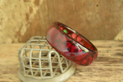 Prystal Bakelite - Reverse Carved and Painted Fruit and Vegetables Red Bakelite Bangle