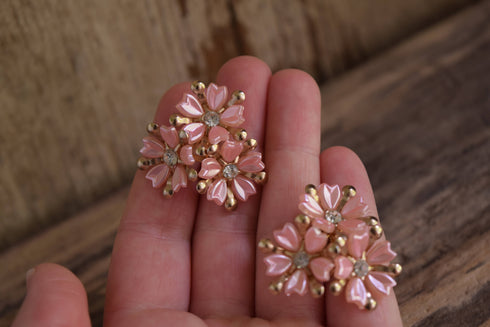 Pink Flower Clip On Earrings