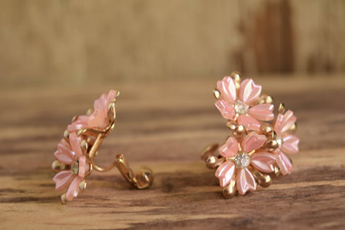 Pink Flower Clip On Earrings