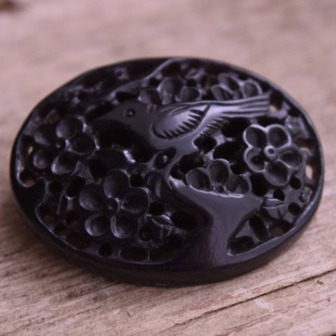 Carved Bird Brooch Plastic Cherry Blossom