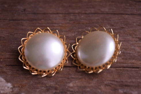 Round Pearly Golden Clip On Earrings