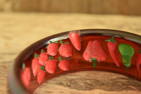 Prystal Bakelite - Reverse Carved and Painted Fruit and Vegetables Red Bakelite Bangle