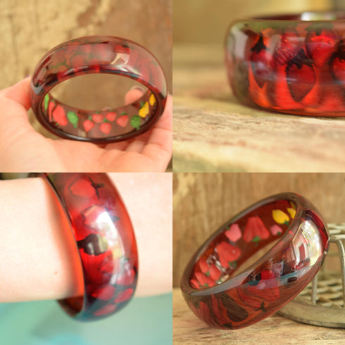 Prystal Bakelite - Reverse Carved and Painted Fruit and Vegetables Red Bakelite Bangle
