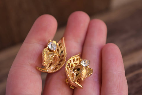 Gold toned clip-on Rhinestone earrings - Gold Flower Earrings