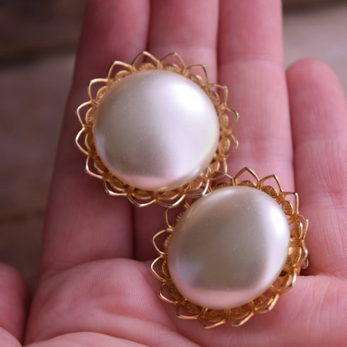 Round Pearly Golden Clip On Earrings