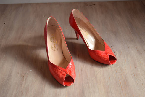 Red Peep Toe Heels Size 7 1/2 - Vintage Bruno Magli