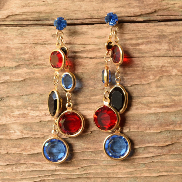 Vintage Red Blue Black Rhinestone Crystal Drop Earrings