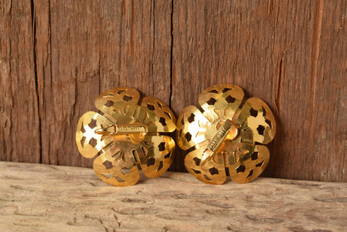 Large Flower Clip Earrings - Pearl and gold flower earrings