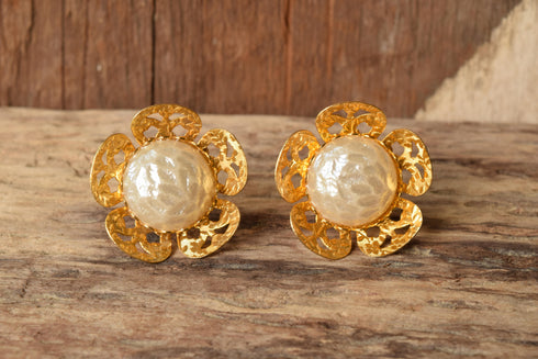 Large Flower Clip Earrings - Pearl and gold flower earrings