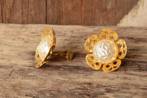 Large Flower Clip Earrings - Pearl and gold flower earrings
