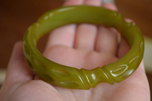 Green Carved Bakelite Bangle Bracelet - Semi-translucent