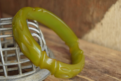 Green Carved Bakelite Bangle Bracelet - Semi-translucent