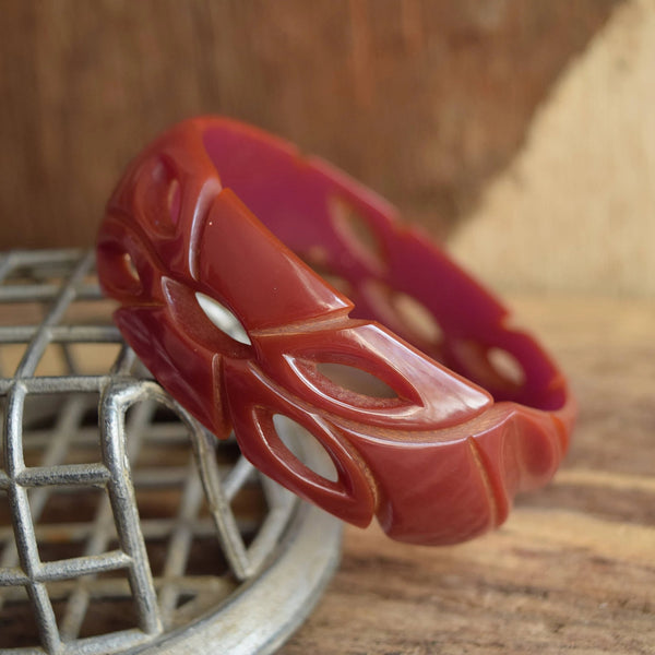 Carved and Pierced Purple Bakelite