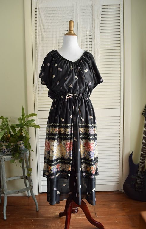 Black Floral Chiffon Tiered Dress - black 70s dress