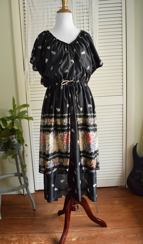 Black Floral Chiffon Tiered Dress - black 70s dress