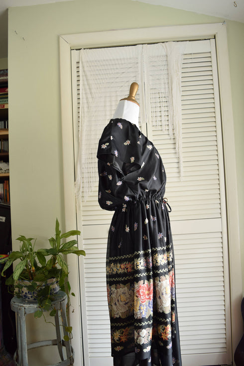 Black Floral Chiffon Tiered Dress - black 70s dress