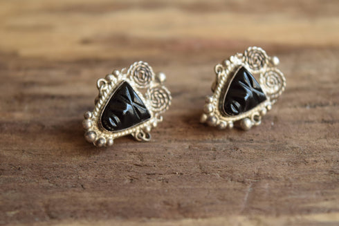 Black Onyx Carved Face Earrings