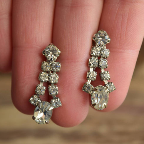 White Rhinestone Vintage Drop Earrings Screw back