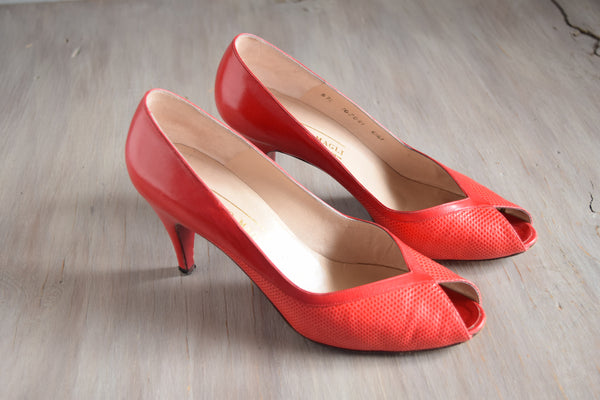 Red Peep Toe Heels Size 7 1/2 - Vintage Bruno Magli