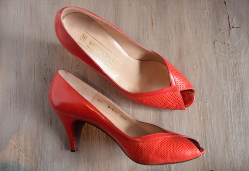 Red Peep Toe Heels Size 7 1/2 - Vintage Bruno Magli